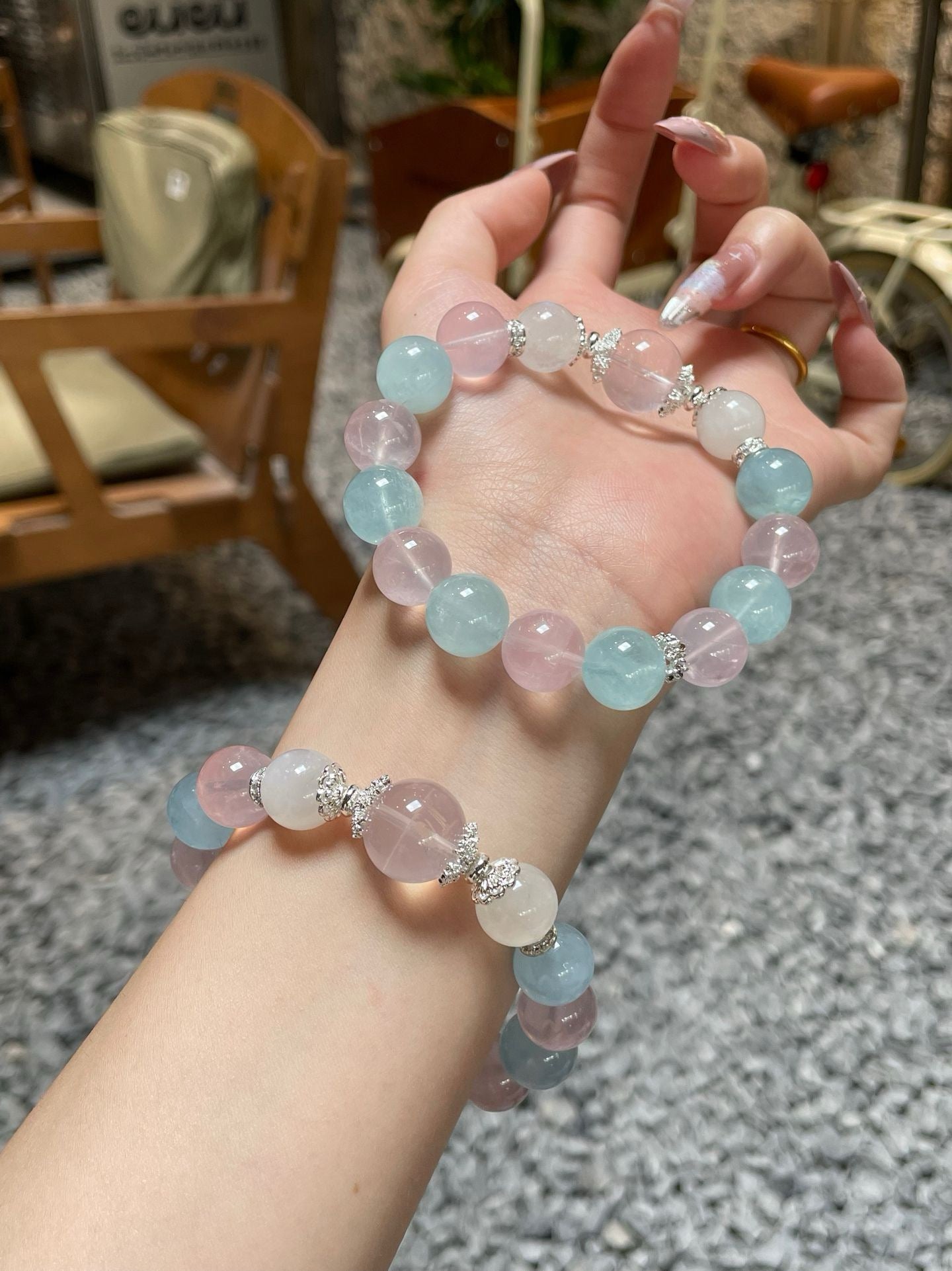 Crystal- 🌊 海藍寶 × 莫粉晶手串|12mm|配銅件