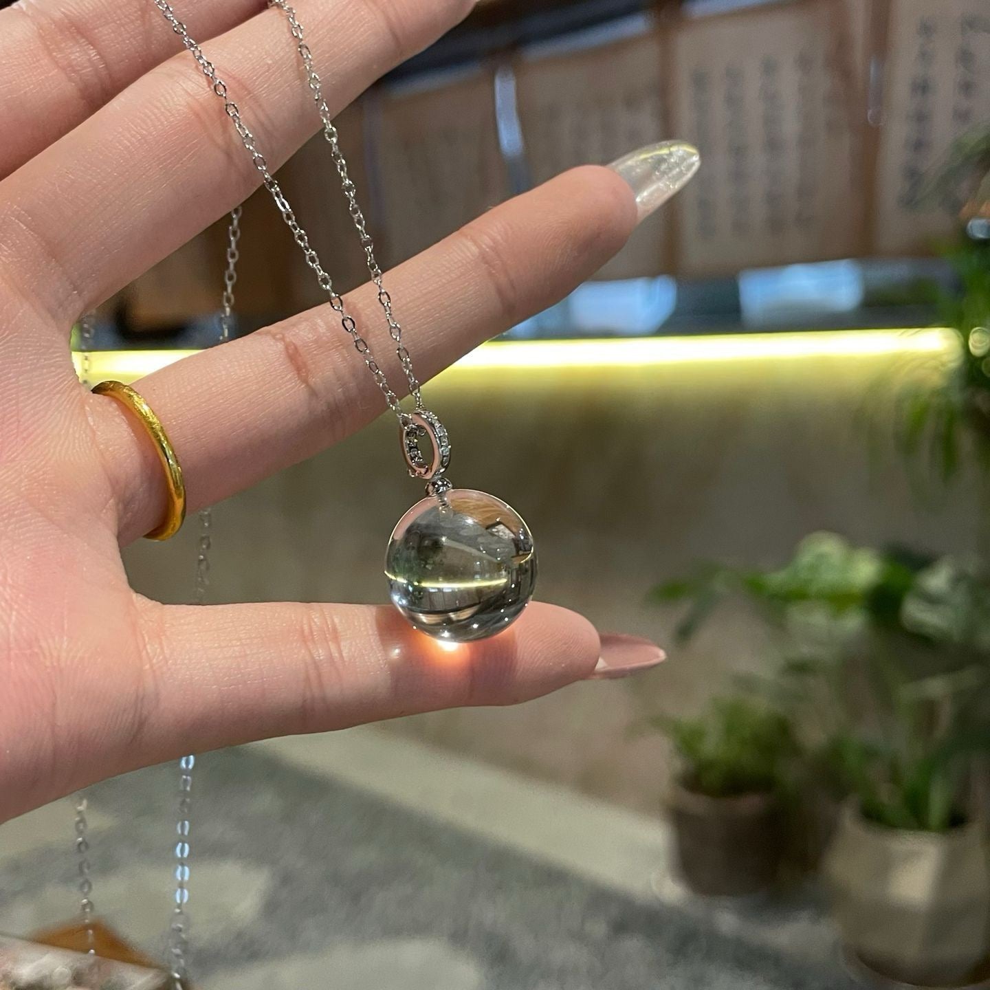 Crystal-Clear Quartz Sphere Pendant Necklace|Silver-tone Chain
