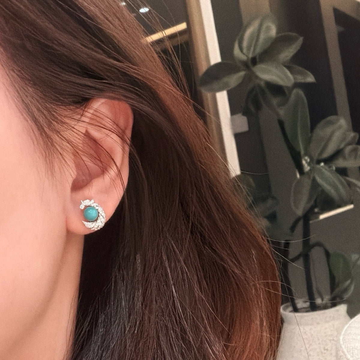 925 Sliver Earrings 藍松石羽毛鑽石耳釘