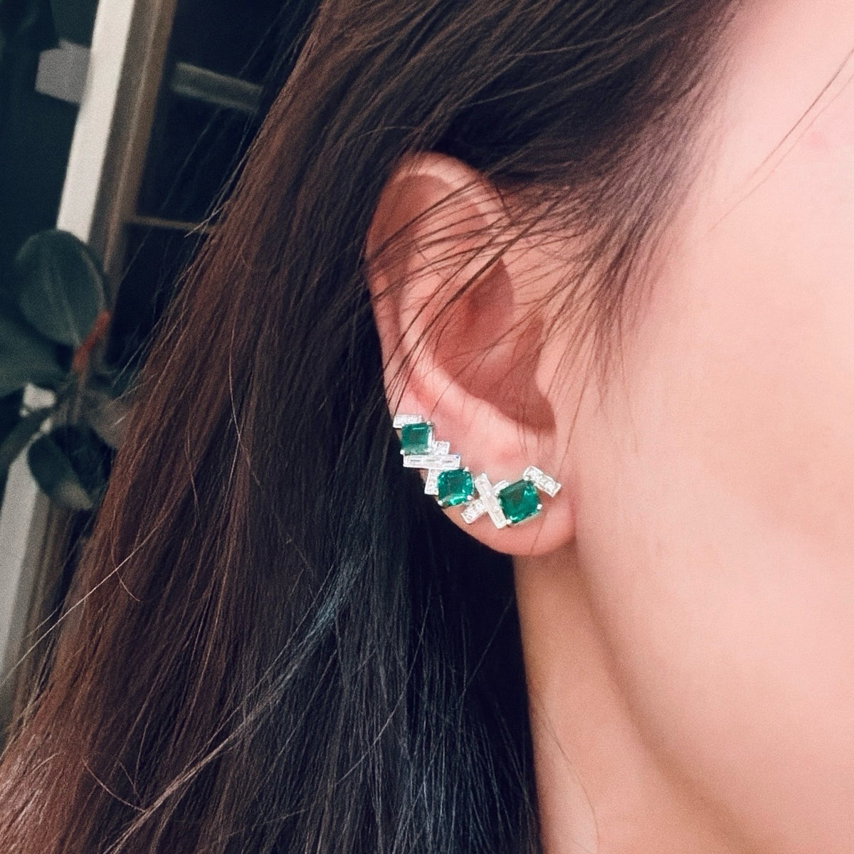 925 Sliver Earrings 祖母綠方鑽梯方耳釘