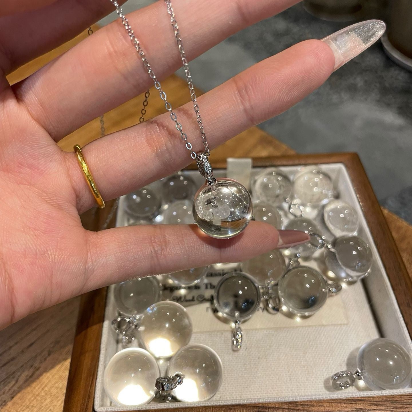 Crystal-Clear Quartz Sphere Pendant Necklace|Silver-tone Chain