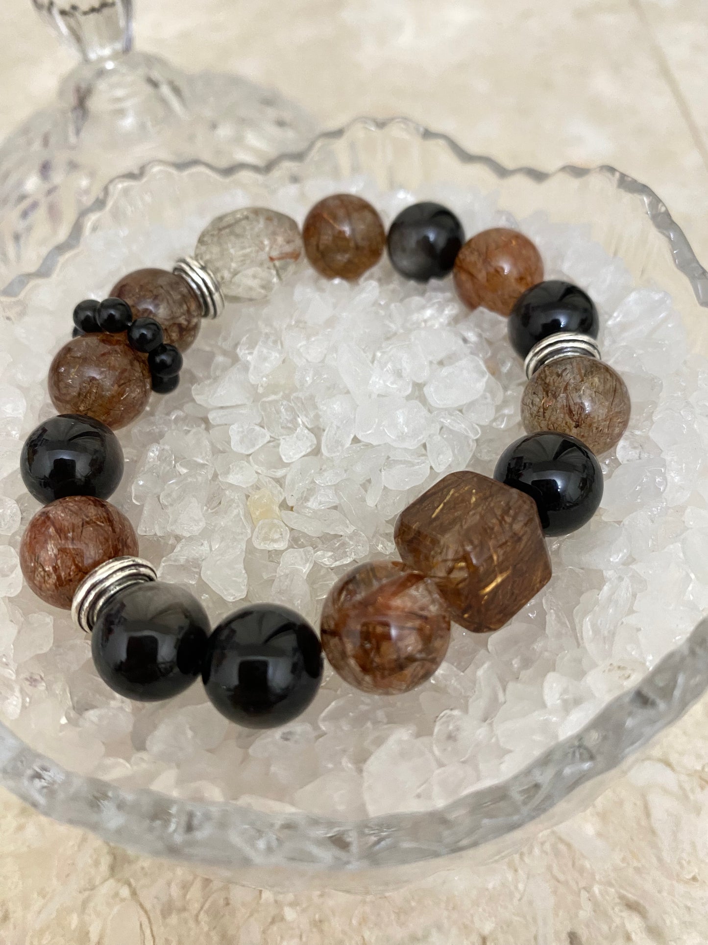 Crystal -特級銀曜石/高品質黑金超/黑金超隨型/黑金超方糖/黑曜石跑環 手鍊 約12mm