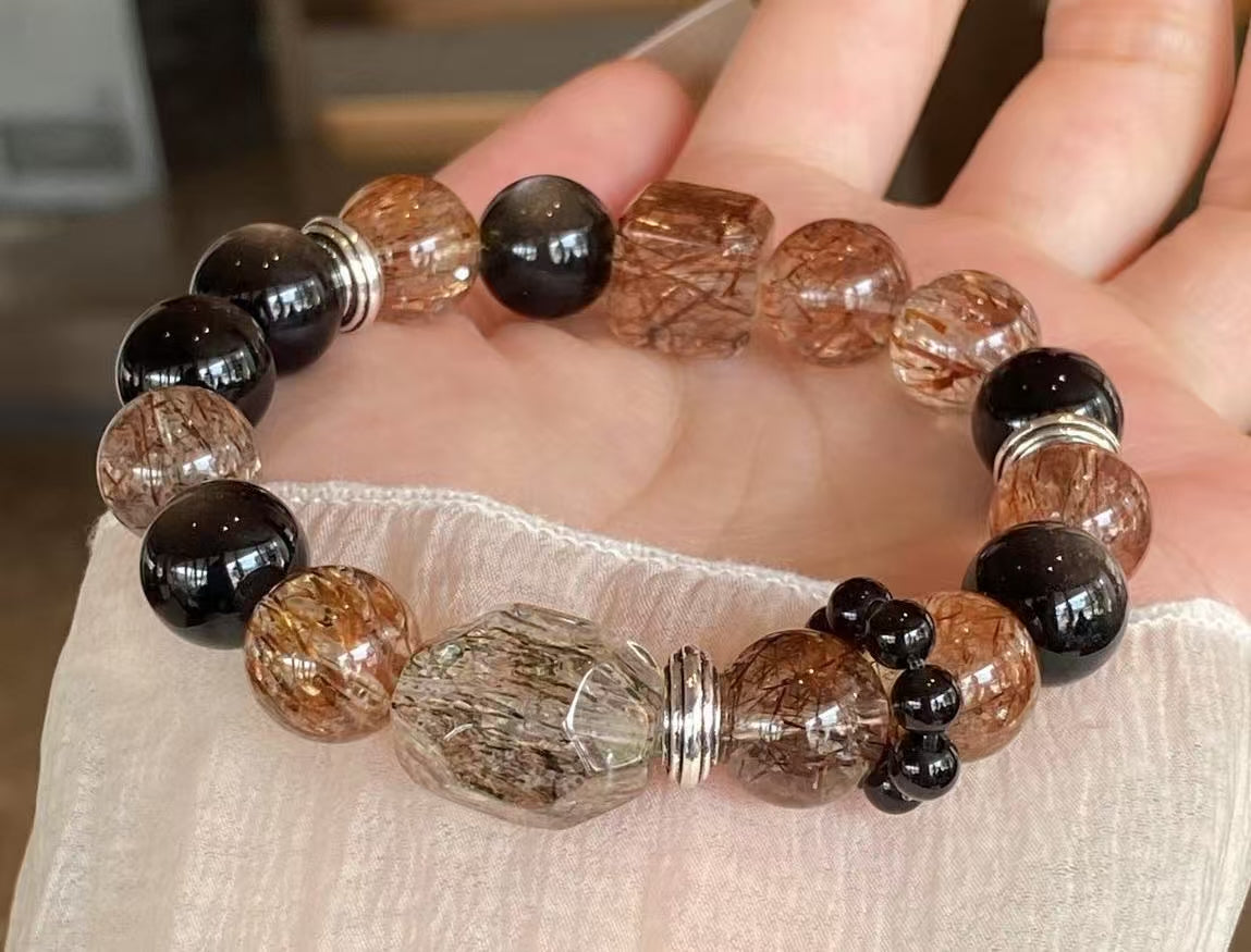 Crystal -特級銀曜石/高品質黑金超/黑金超隨型/黑金超方糖/黑曜石跑環 手鍊 約12mm