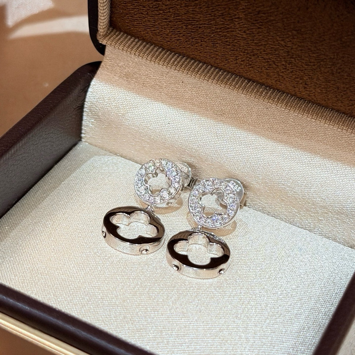 925 Sliver Earrings鏤空雙花四葉草鑽石耳釘
