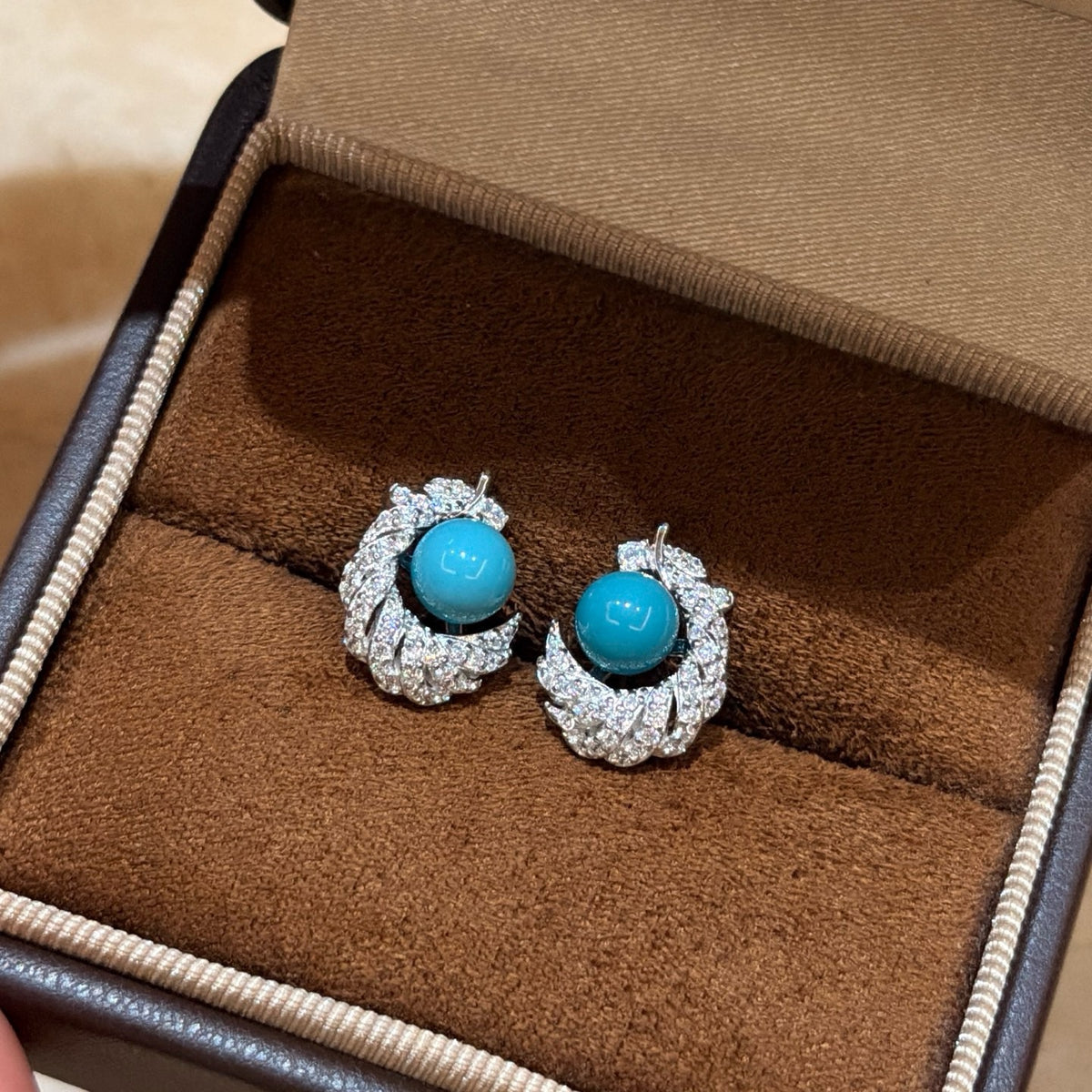925 Sliver Earrings 藍松石羽毛鑽石耳釘