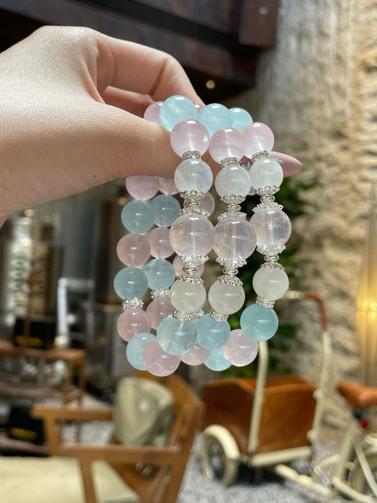 Crystal- 🌊 海藍寶 × 莫粉晶手串｜12mm｜配銅件