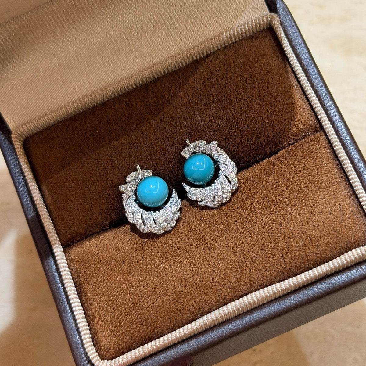 925 Sliver Earrings 藍松石羽毛鑽石耳釘