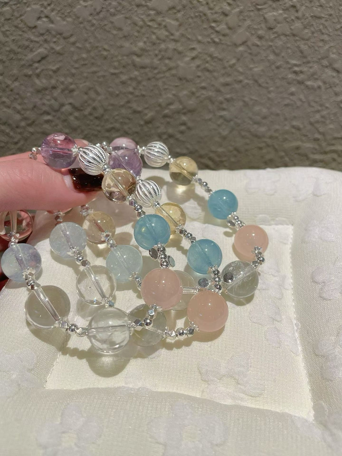 Crystal 海藍寶/黃阿塞/紫阿塞/莫粉/白水晶/西柚粉/綠阿塞 尺寸約12mm  銀配件