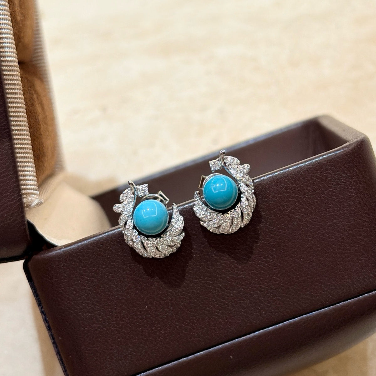 925 Sliver Earrings 藍松石羽毛鑽石耳釘