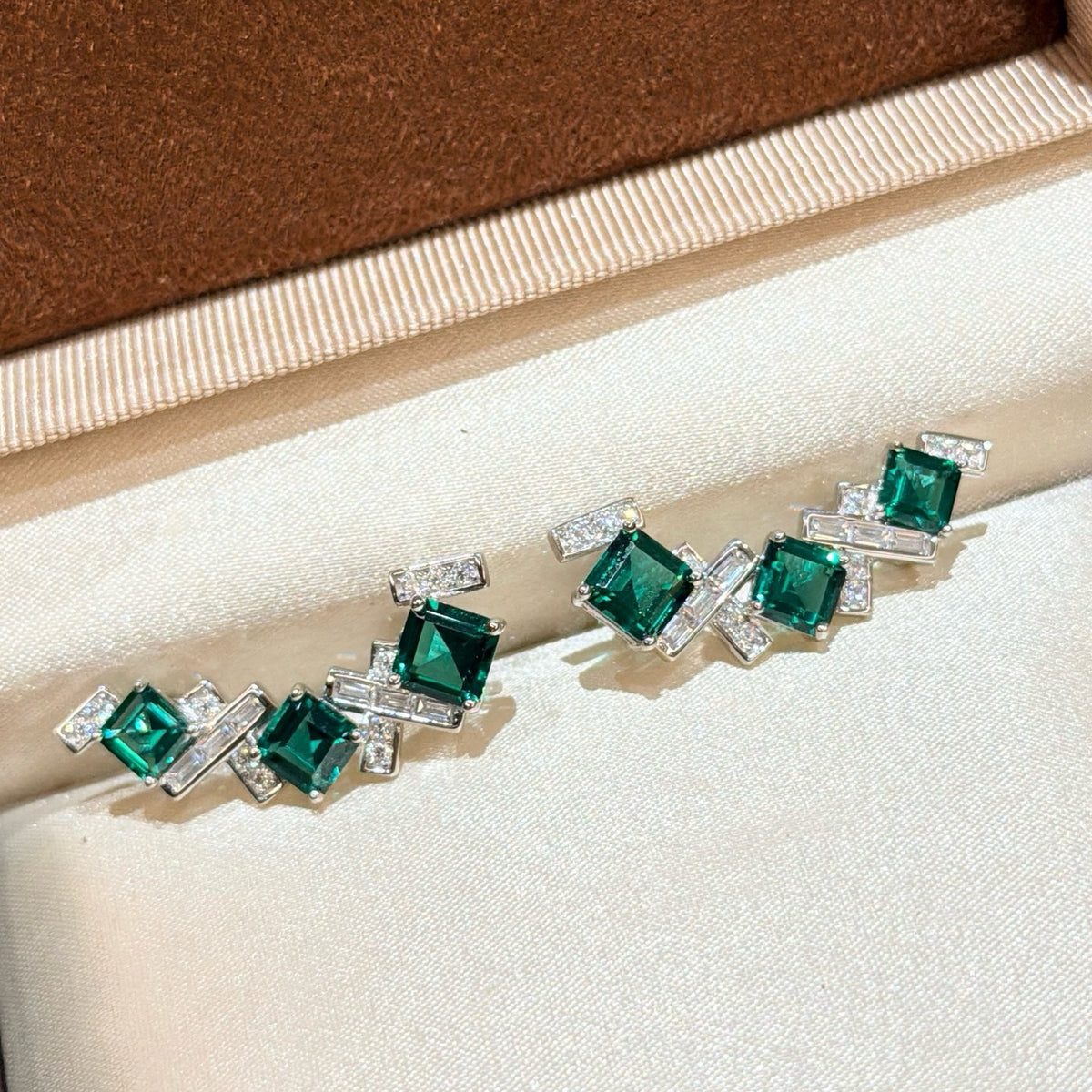 925 Sliver Earrings 祖母綠方鑽梯方耳釘