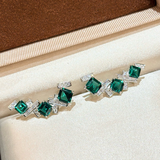 925 Sliver Earrings 祖母綠方鑽梯方耳釘