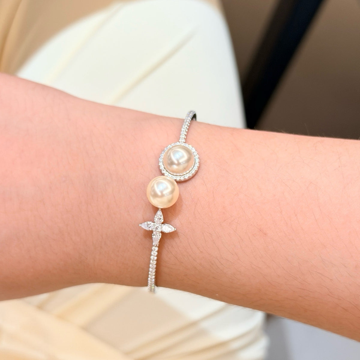 925 Sliver Bracelet四葉草天然雙珍珠鑽石手鐲