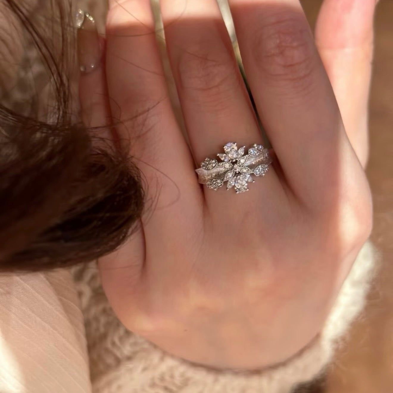 925 Ring戒子 拉絲馬眼水滴花朵戒指