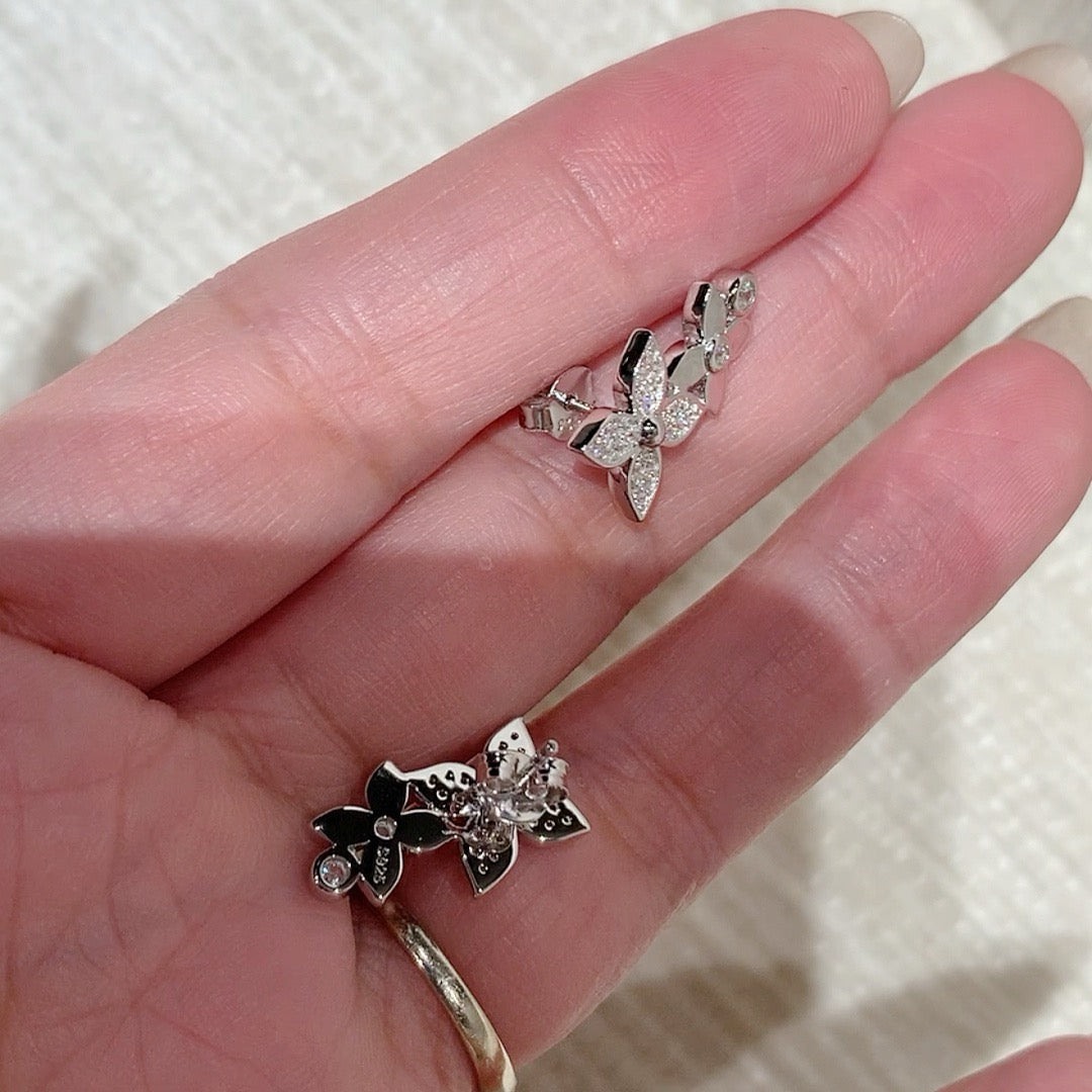 925 Sliver Earrings 雙花鑽石耳釘
