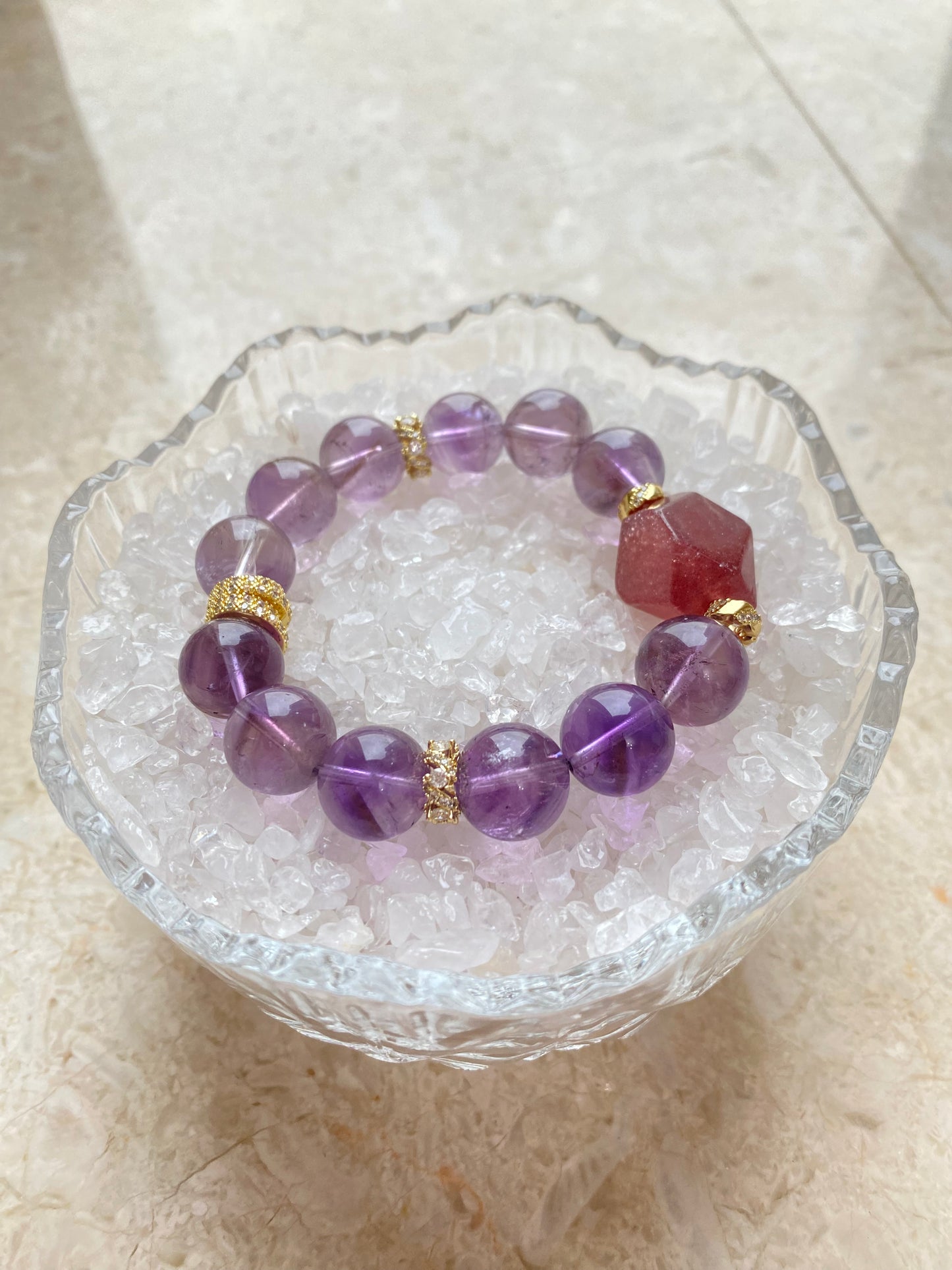 Crystal - 草莓晶/紫塔晶 Strawberry Quartz and  Amethyst bracelet [火屬性］