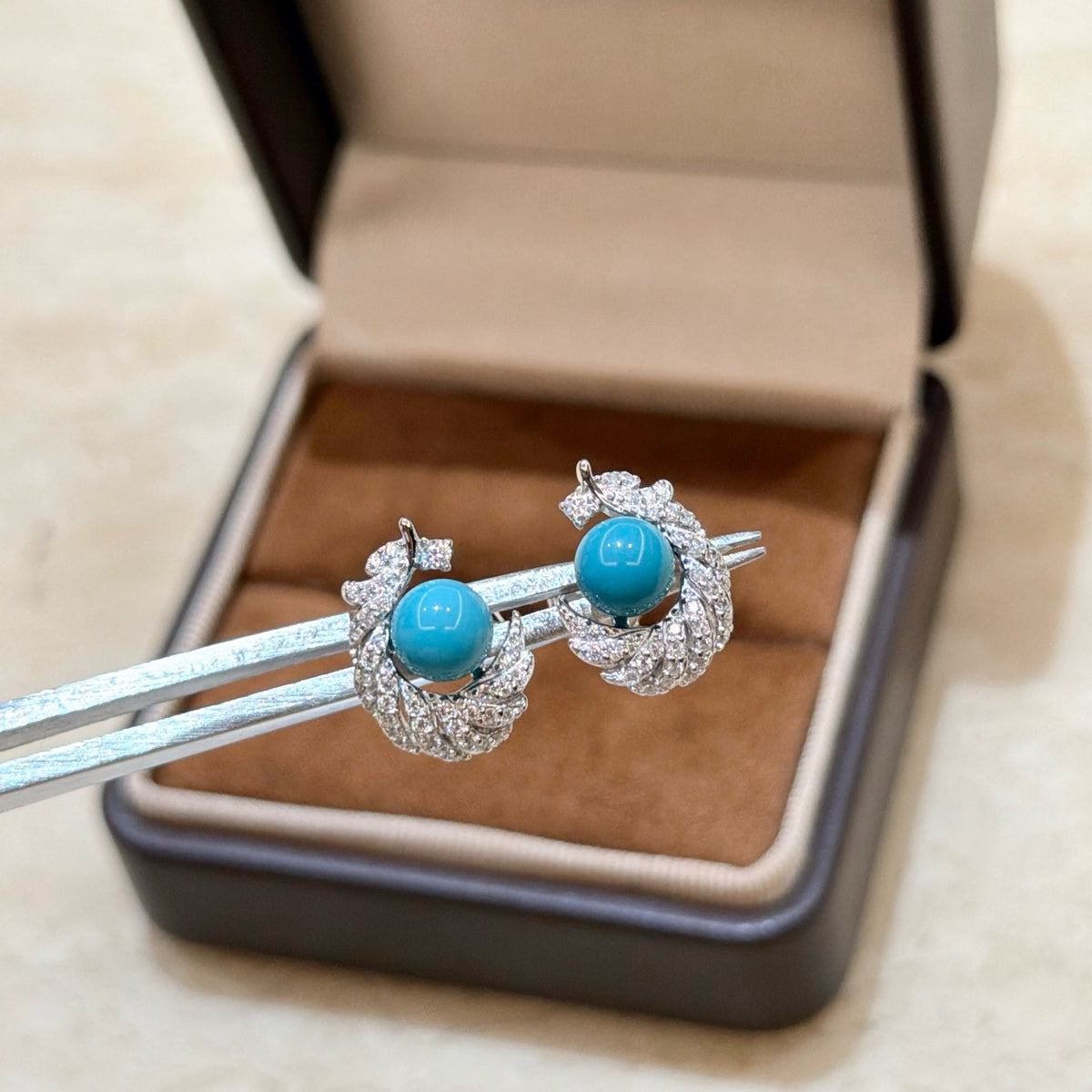 925 Sliver Earrings 藍松石羽毛鑽石耳釘