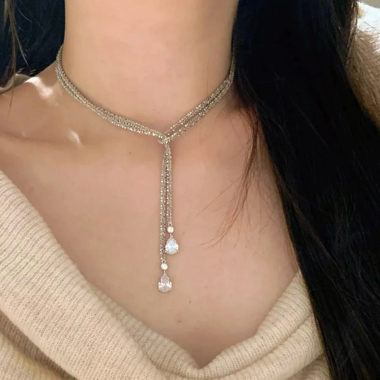 925 Sliver| 水滴長款鑽石毛衣鏈