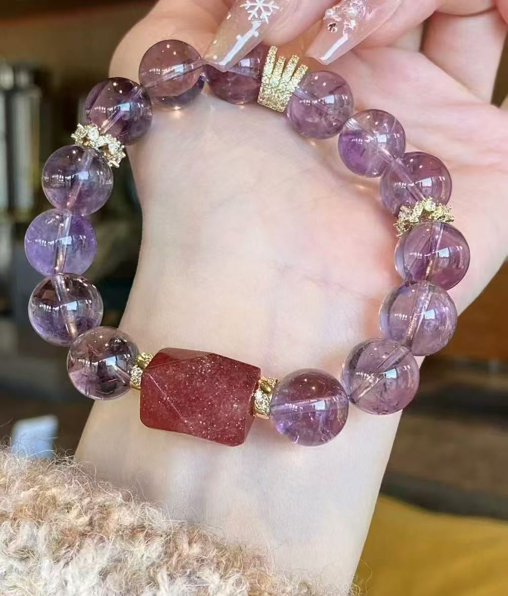 Crystal - 草莓晶/紫塔晶 Strawberry Quartz and  Amethyst bracelet [火屬性］