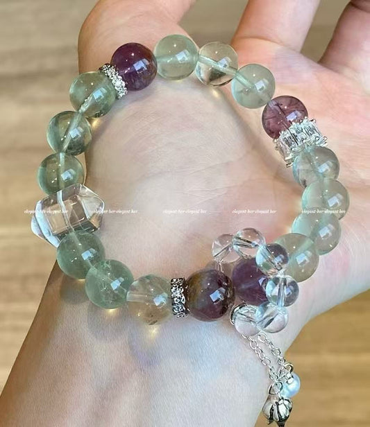 Crystal- Green quartz/purple ghost/white crystal double point/white crystal running ring bracelet
