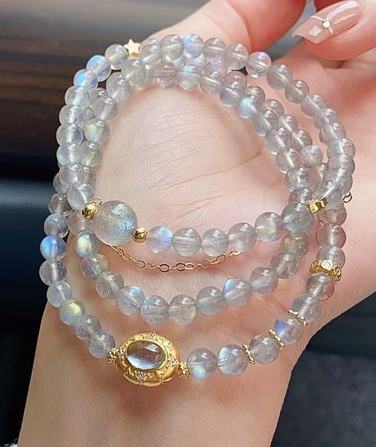 Crystal- 三圈灰月光石，純銀海藍寶鑲嵌 Three circles of gray moonstone, sterling silver aquamarine inlaid bracelet