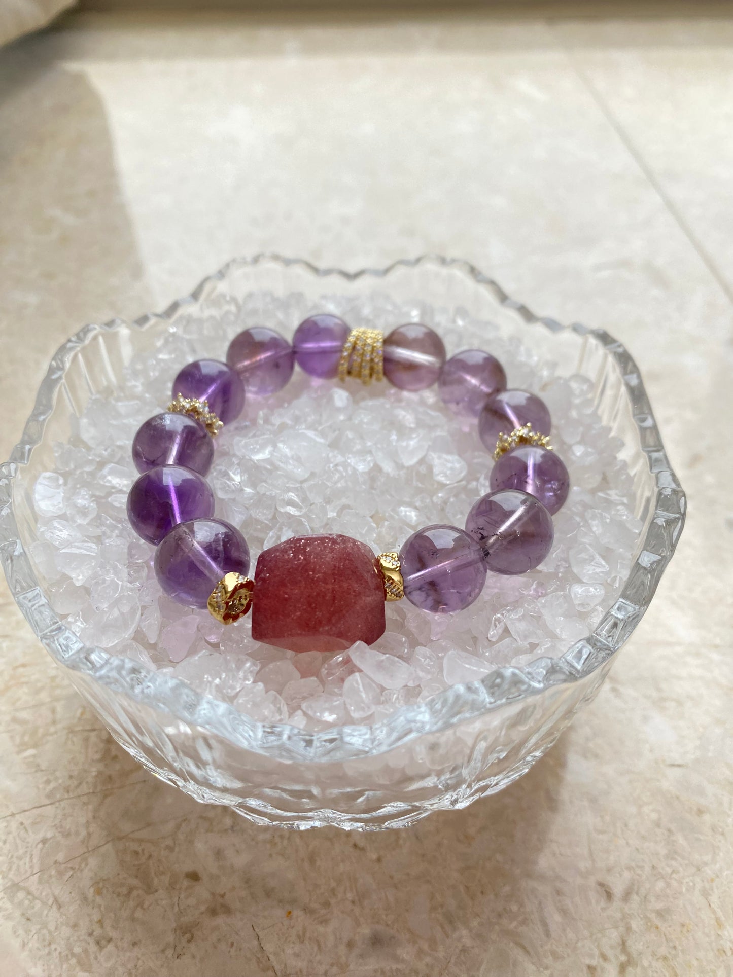 Crystal - 草莓晶/紫塔晶 Strawberry Quartz and  Amethyst bracelet [火屬性］