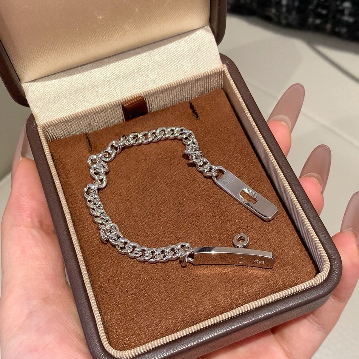 925 Sliver Bracelet - 鎖扣皮帶古巴手鍊