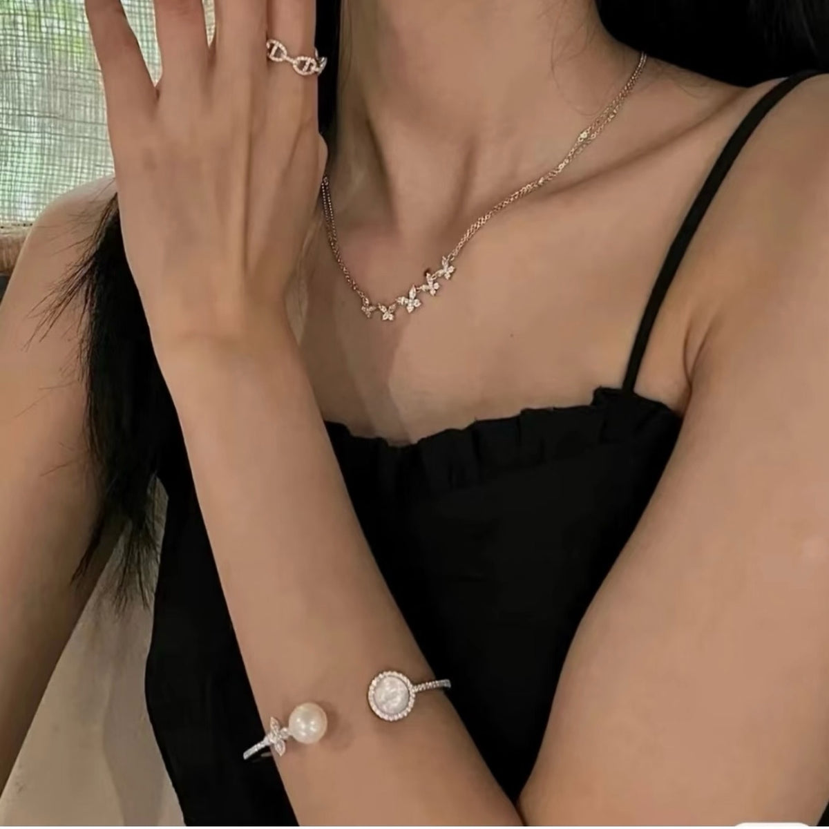 925 Sliver Bracelet四葉草天然雙珍珠鑽石手鐲