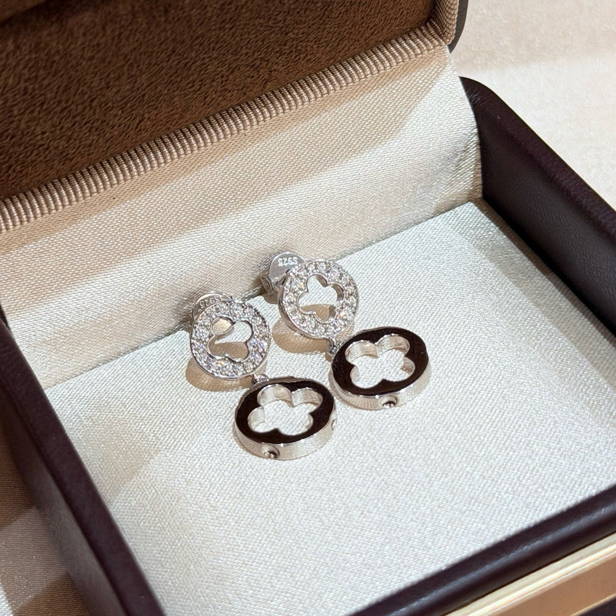 925 Sliver Earrings鏤空雙花四葉草鑽石耳釘