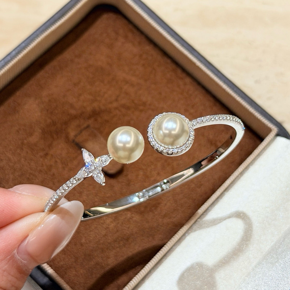 925 Sliver Bracelet四葉草天然雙珍珠鑽石手鐲