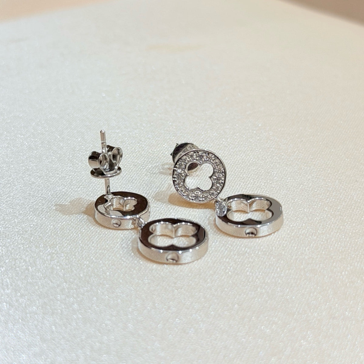 925 Sliver Earrings鏤空雙花四葉草鑽石耳釘