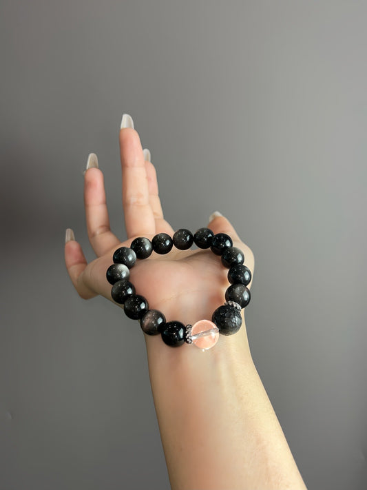 Crystal- 銀曜石 銀曜石隕石 雙A白水晶 12mm Silver Obsidian Silver Obsidian Meteorite Double A White Crystal