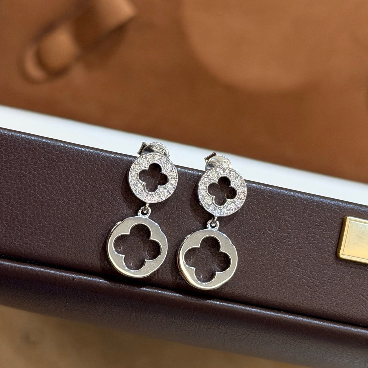 925 Sliver Earrings鏤空雙花四葉草鑽石耳釘