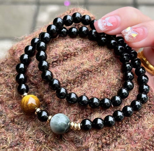 Crystal- 天然黑曜石雙圈 Obsidian Bracelet