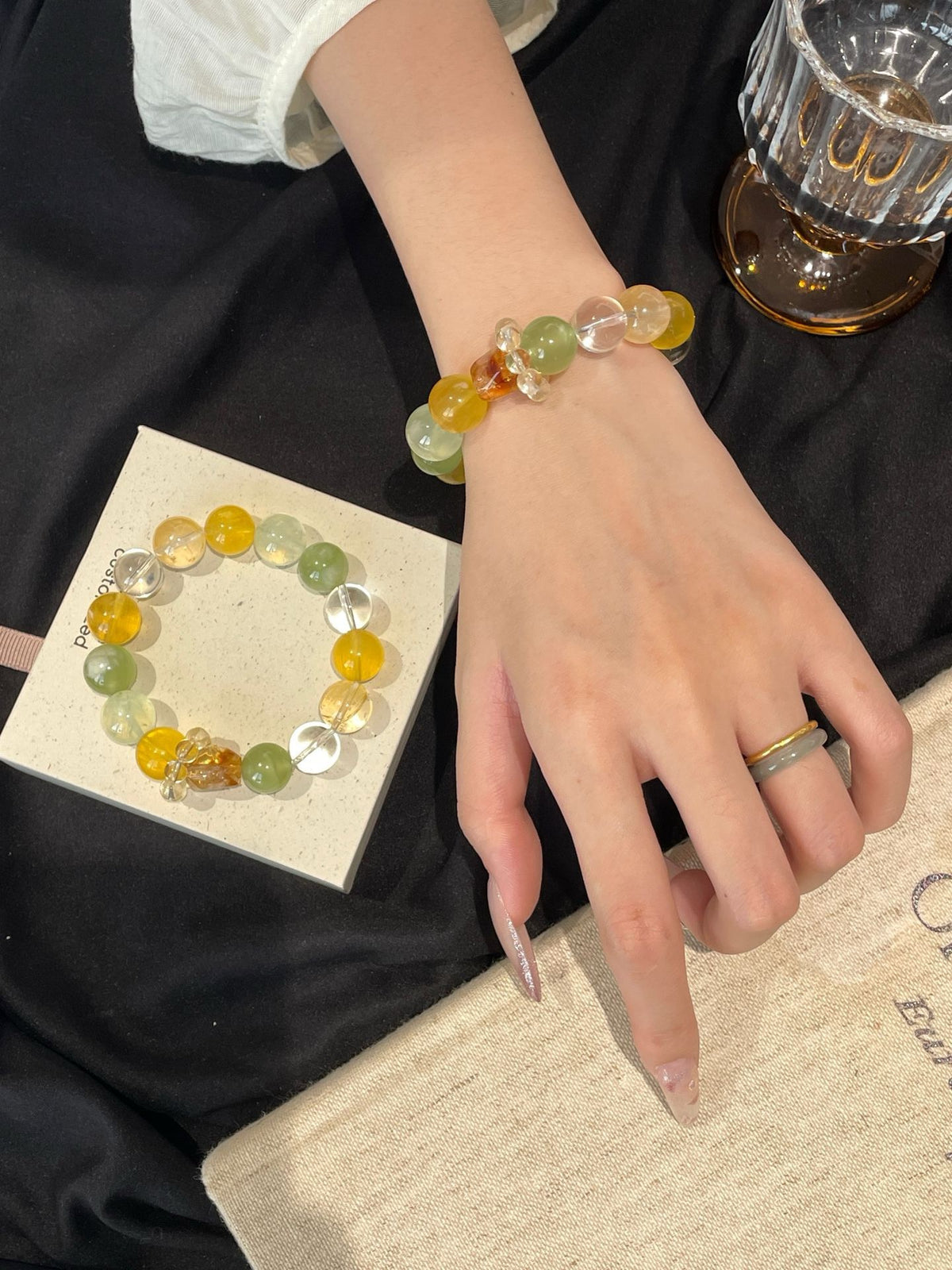 Crystal - 拉絲黃螢石/黃膠花/白水晶/青提奶蓋/葡萄石手鍊 約12/13.5mm