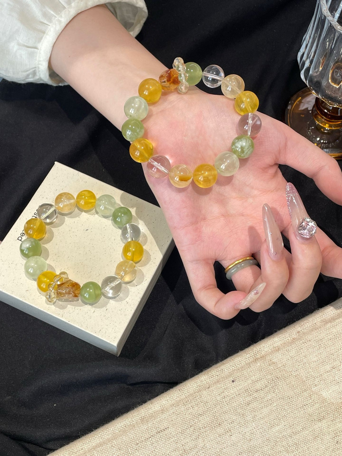 Crystal - 拉絲黃螢石/黃膠花/白水晶/青提奶蓋/葡萄石手鍊 約12/13.5mm