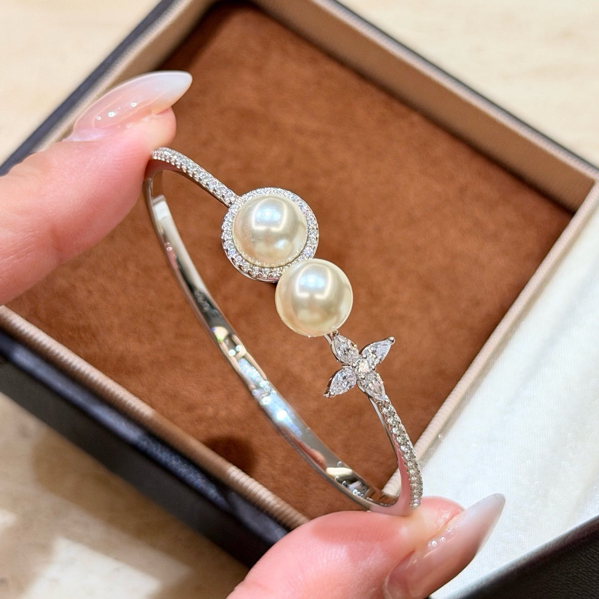925 Sliver Bracelet四葉草天然雙珍珠鑽石手鐲