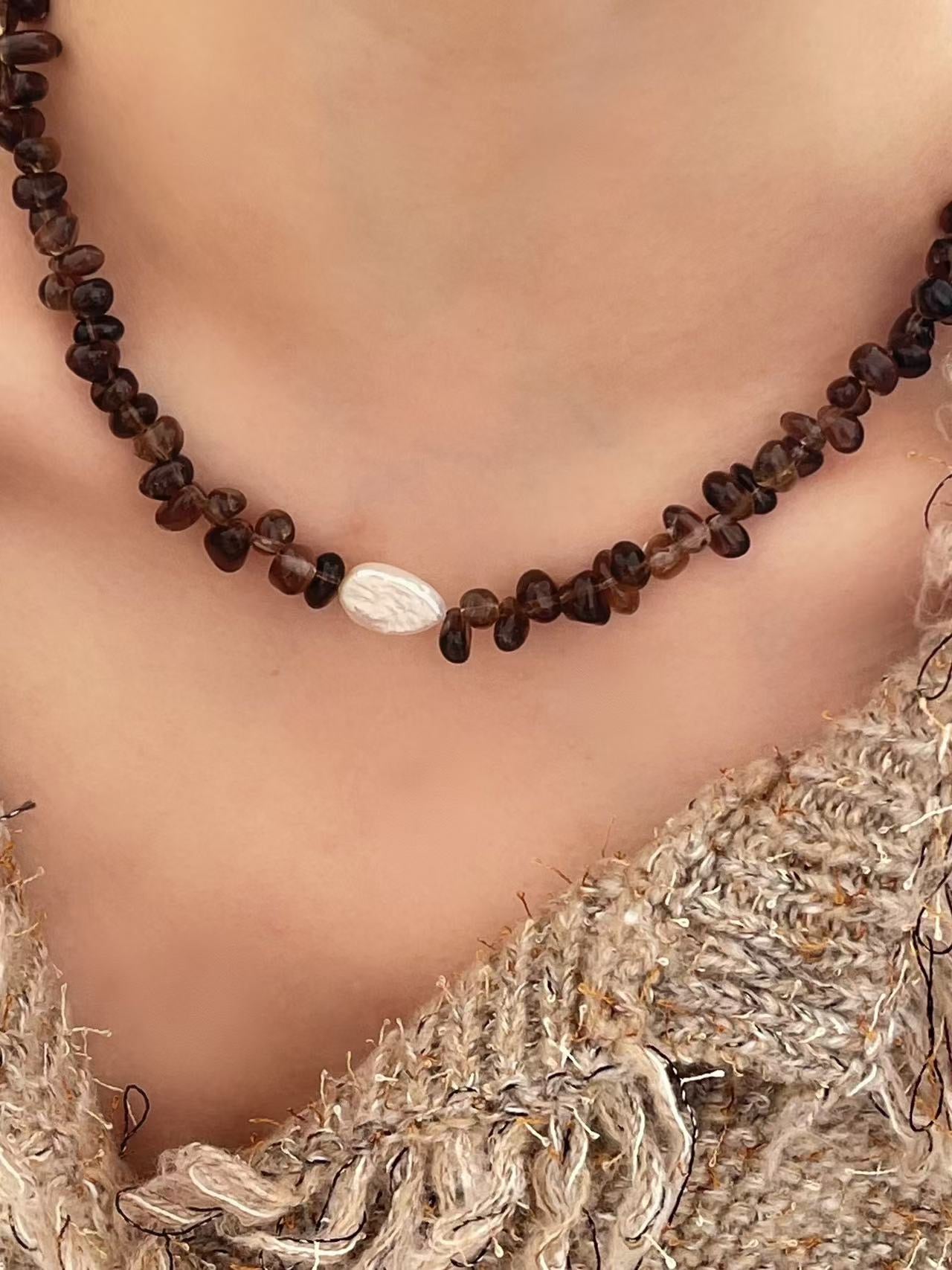 Crystal- Smoky Quartz Pearl Necklace 茶晶貝珠項鏈