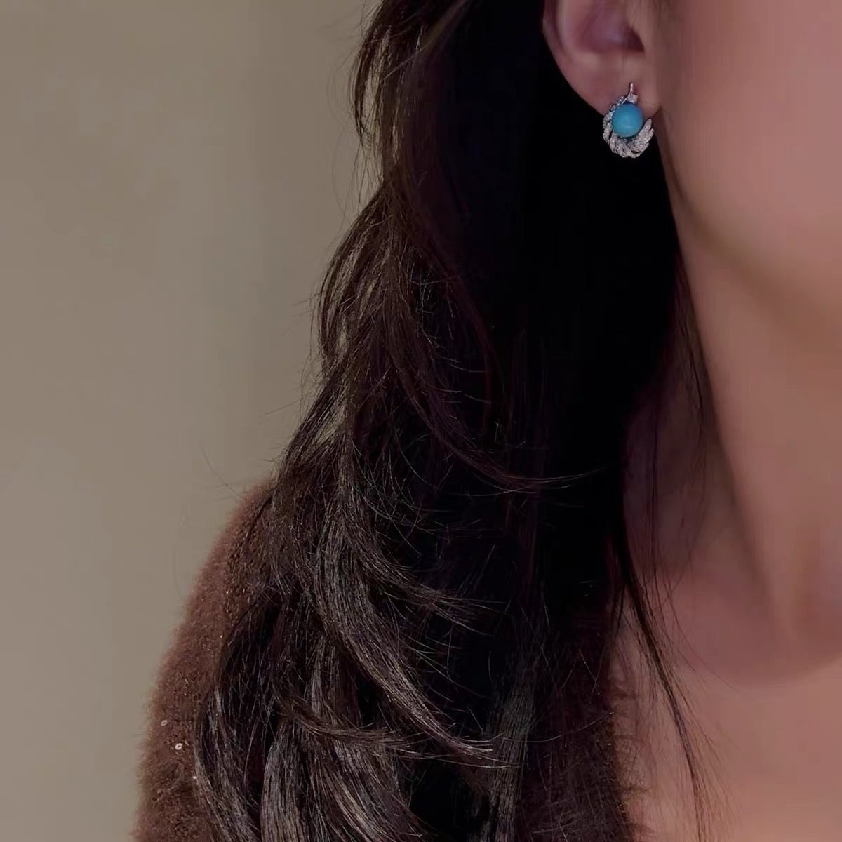 925 Sliver Earrings 藍松石羽毛鑽石耳釘