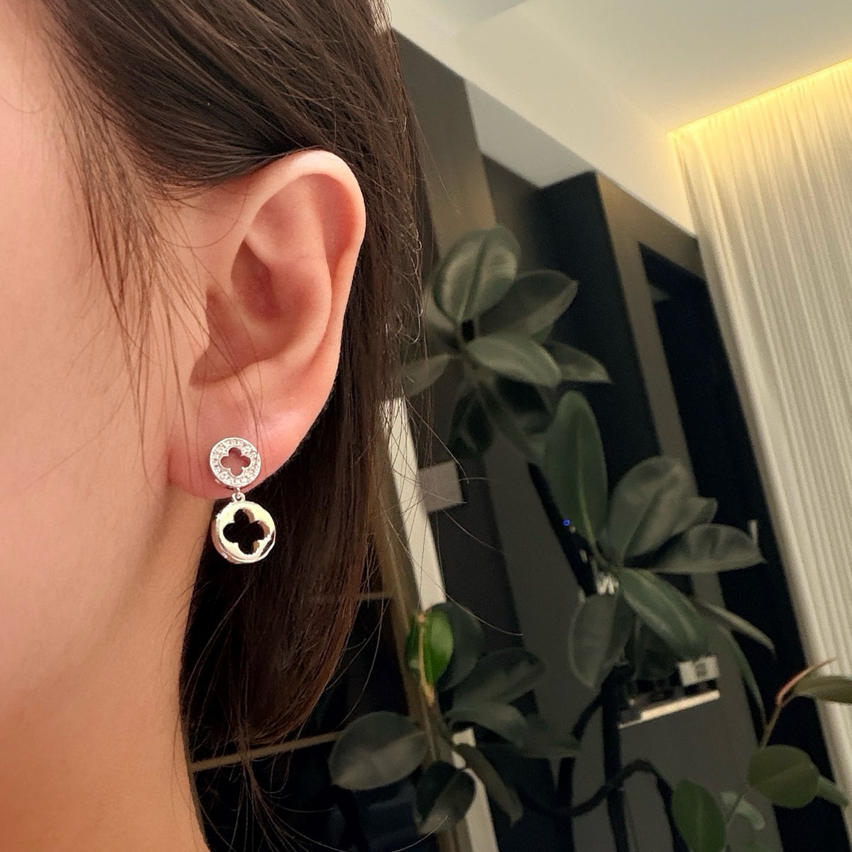 925 Sliver Earrings鏤空雙花四葉草鑽石耳釘