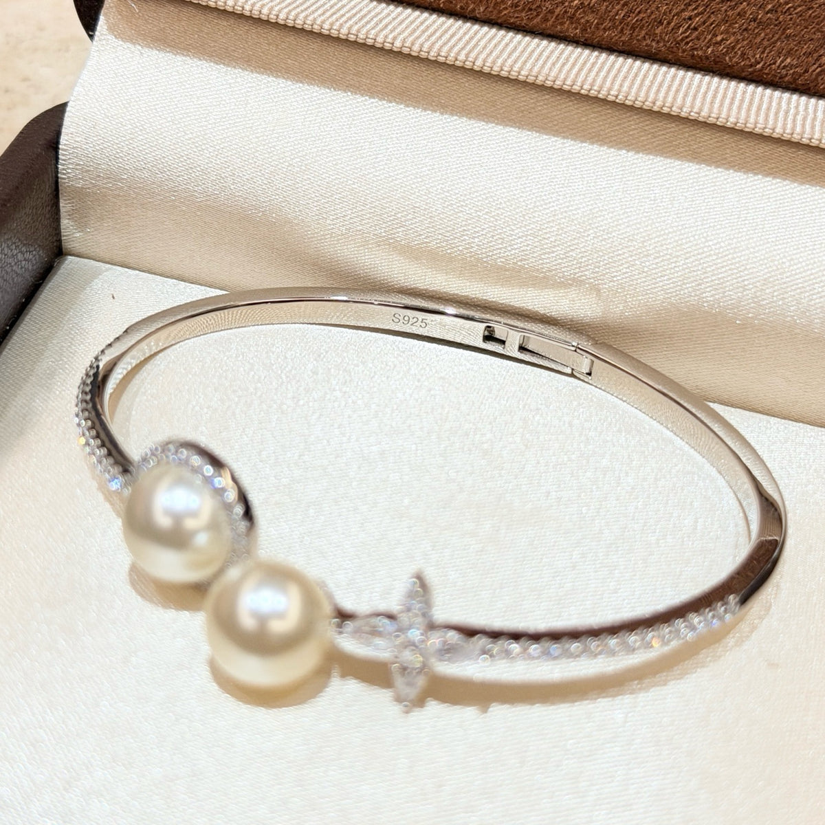 925 Sliver Bracelet四葉草天然雙珍珠鑽石手鐲