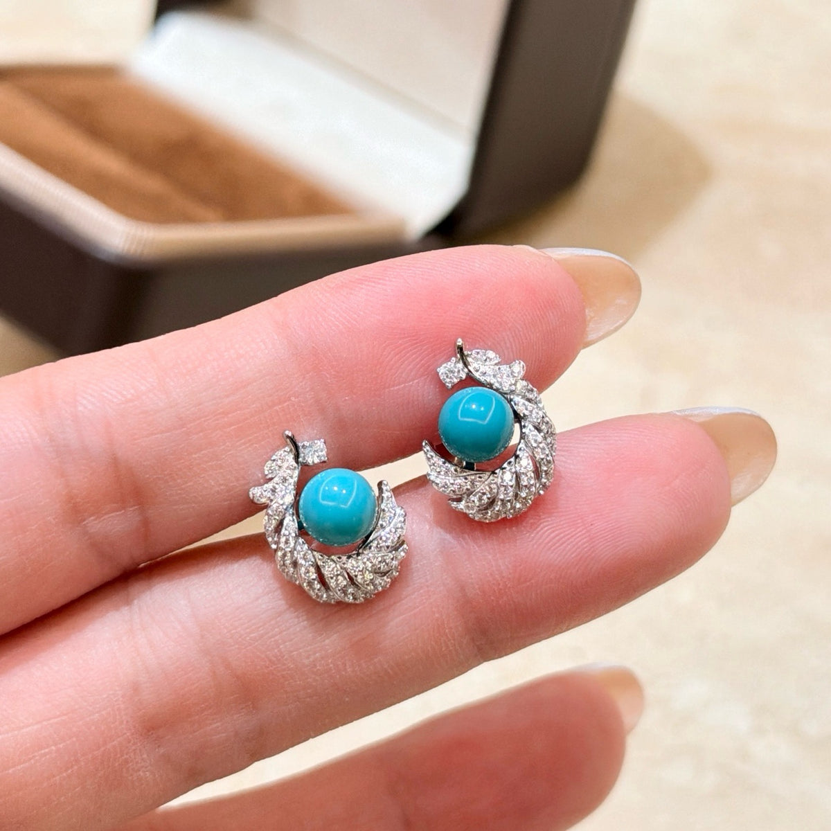 925 Sliver Earrings 藍松石羽毛鑽石耳釘