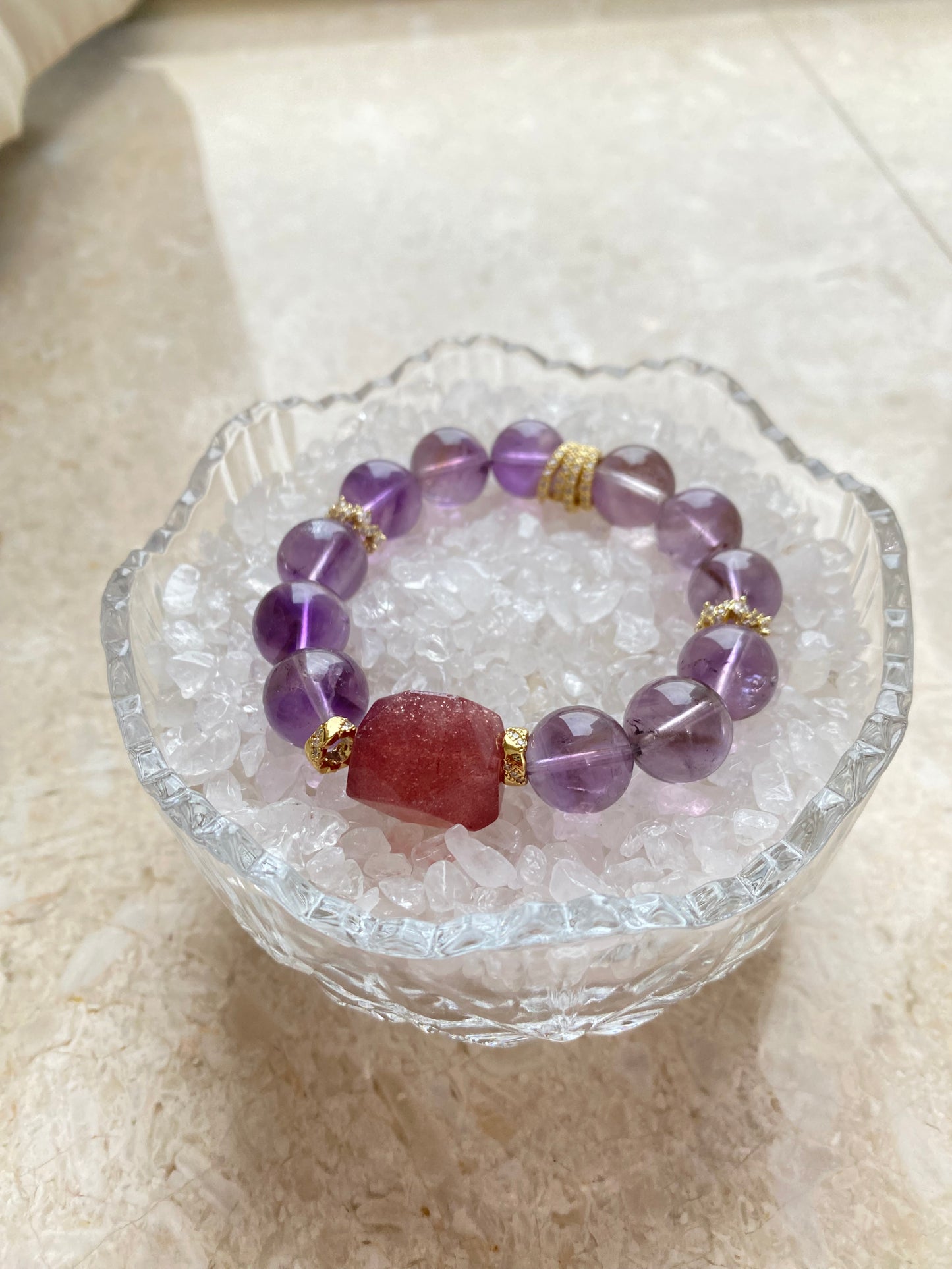Crystal - 草莓晶/紫塔晶 Strawberry Quartz and  Amethyst bracelet [火屬性］
