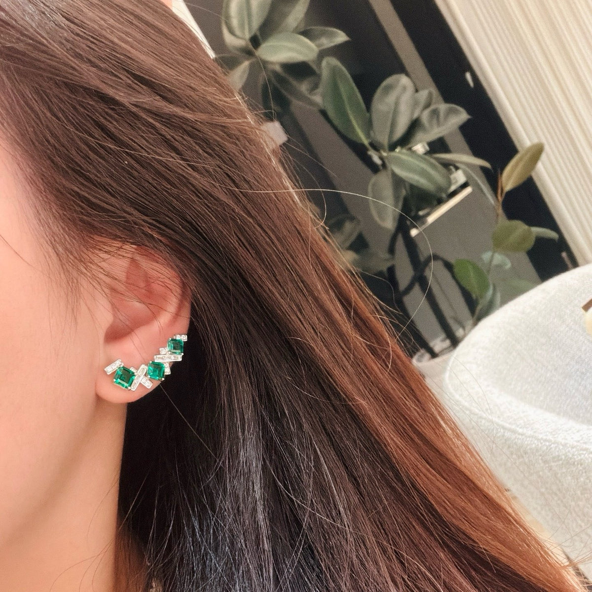 925 Sliver Earrings 祖母綠方鑽梯方耳釘