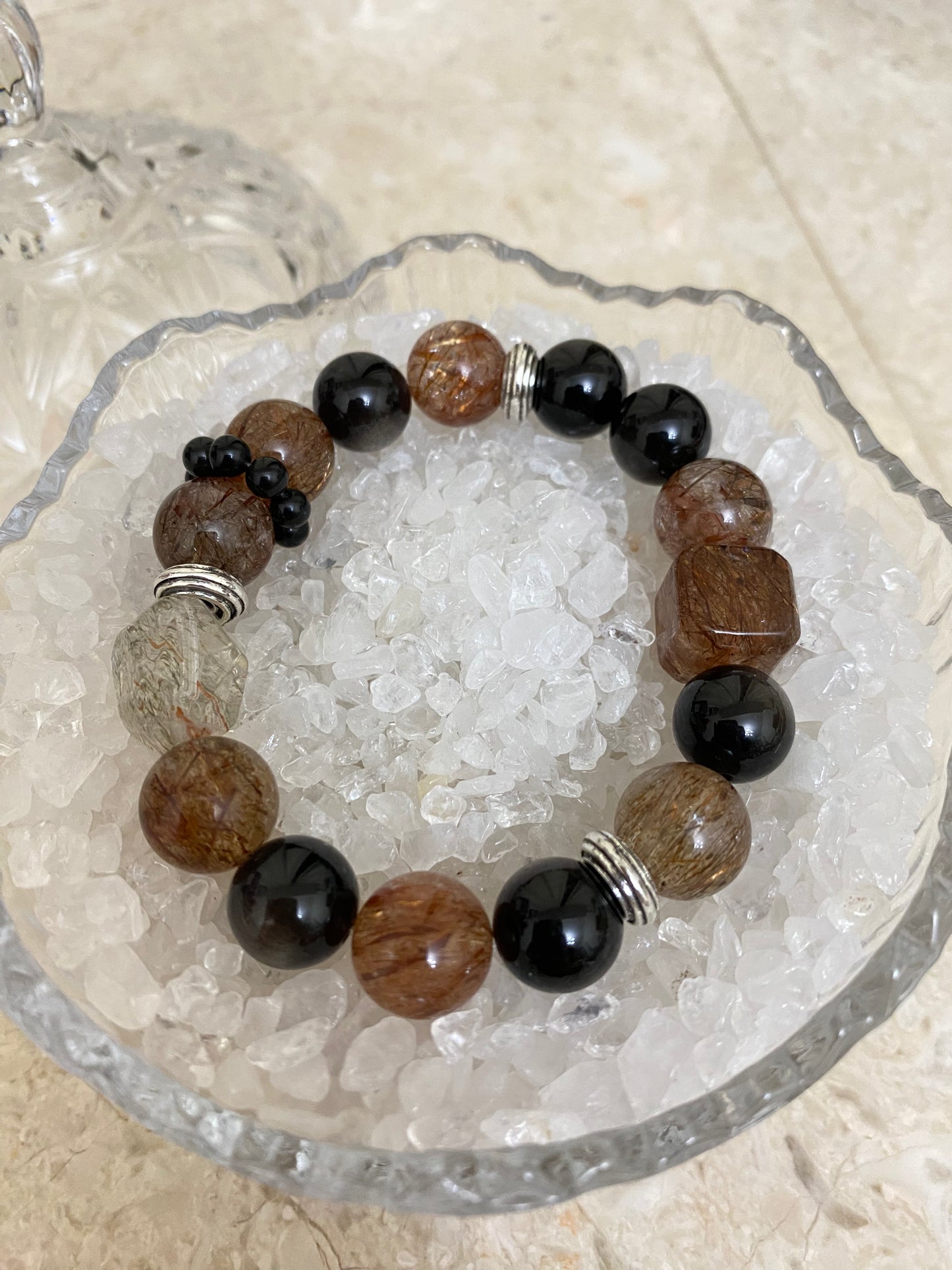 Crystal -特級銀曜石/高品質黑金超/黑金超隨型/黑金超方糖/黑曜石跑環 手鍊 約12mm