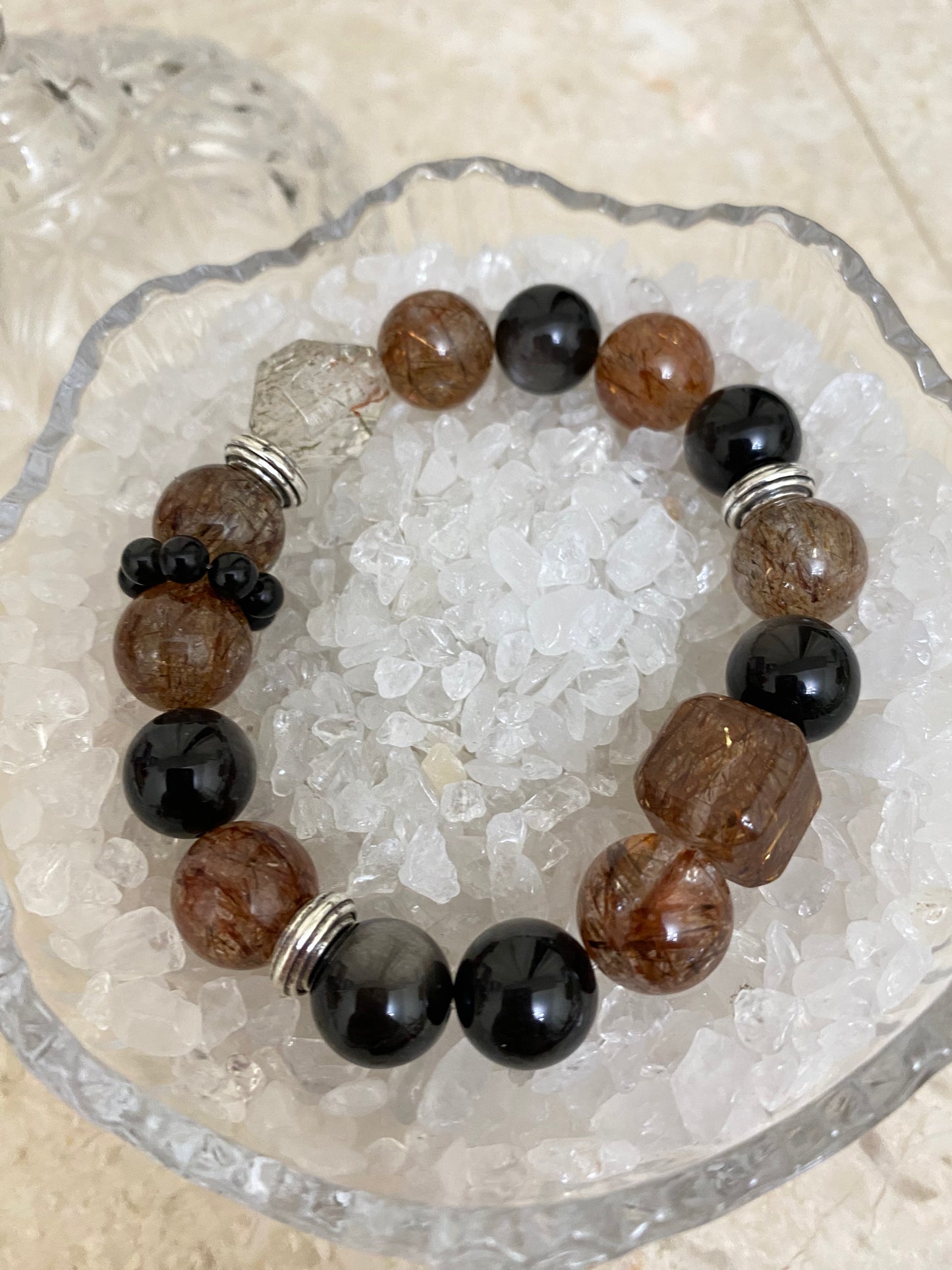 Crystal -特級銀曜石/高品質黑金超/黑金超隨型/黑金超方糖/黑曜石跑環 手鍊 約12mm