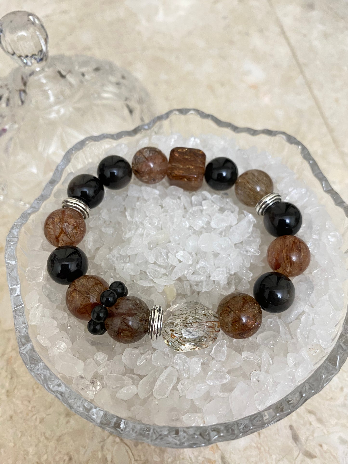 Crystal -特級銀曜石/高品質黑金超/黑金超隨型/黑金超方糖/黑曜石跑環 手鍊 約12mm