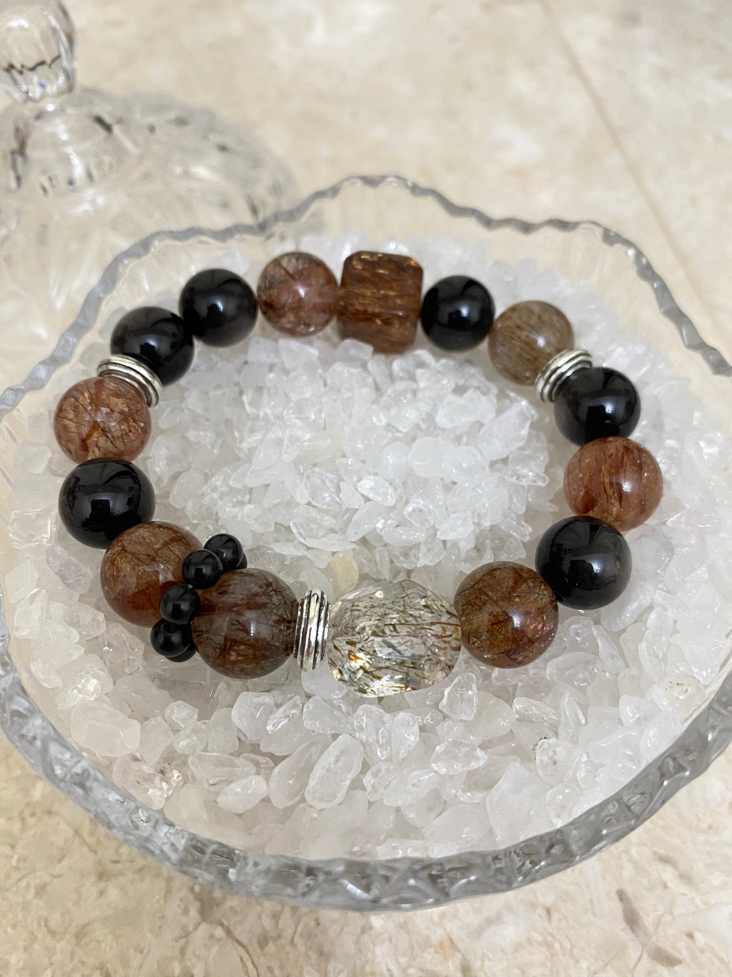 Crystal -特級銀曜石/高品質黑金超/黑金超隨型/黑金超方糖/黑曜石跑環 手鍊 約12mm