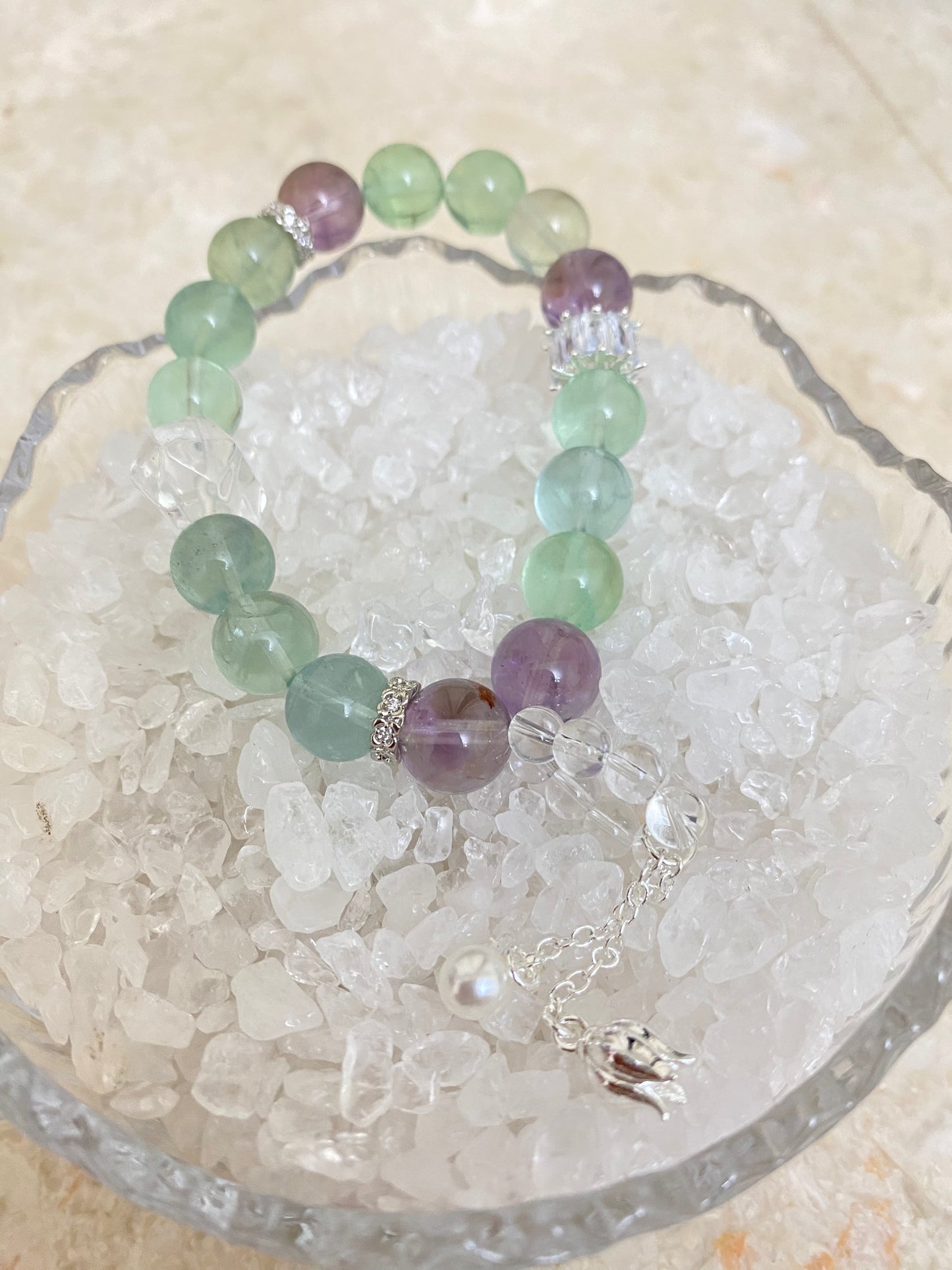 Crystal- Green quartz/purple ghost/white crystal double point/white crystal running ring bracelet