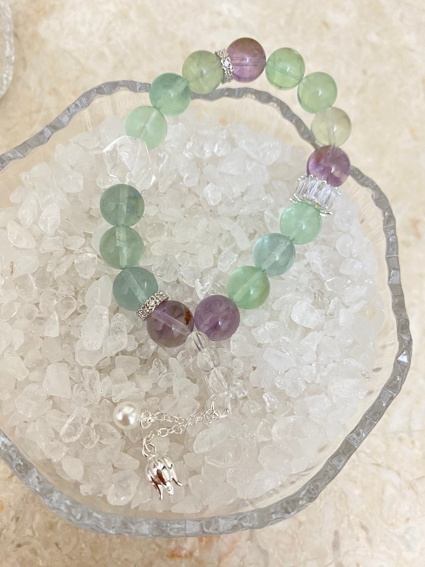 Crystal- Green quartz/purple ghost/white crystal double point/white crystal running ring bracelet