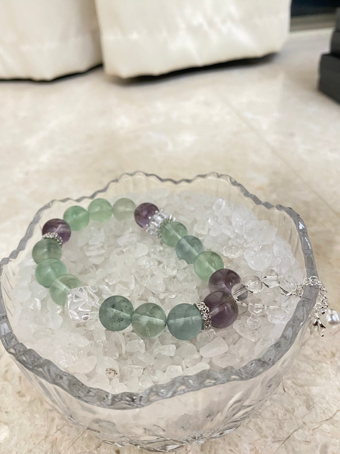 Crystal- Green quartz/purple ghost/white crystal double point/white crystal running ring bracelet